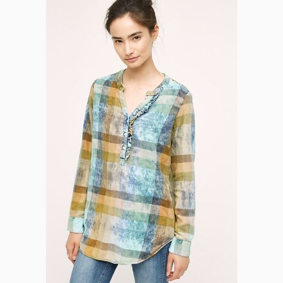 Anthro Isabella Sinclair plaid ruffle henley - Picture 1 of 5